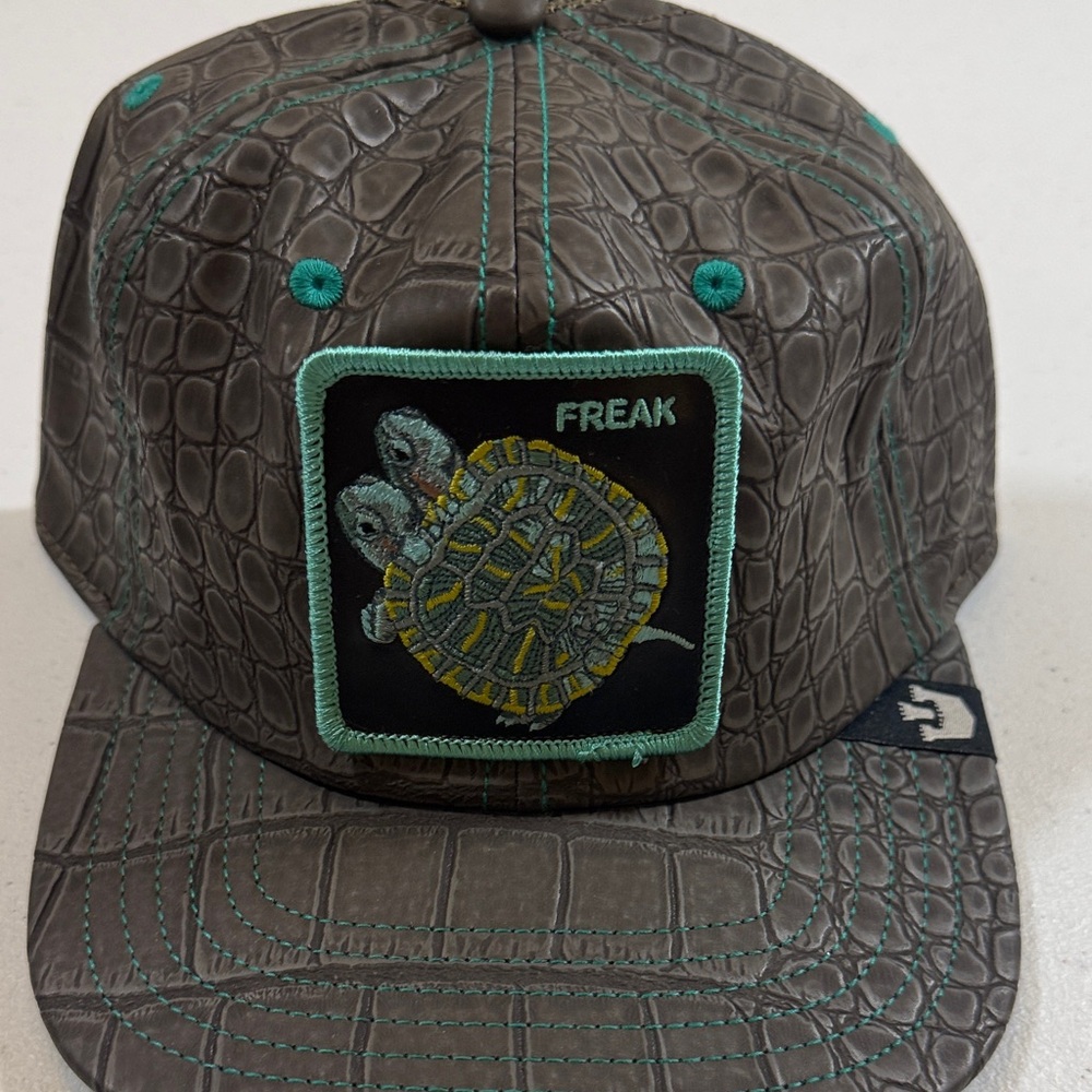 Turtle Patch Faux-Croc Snapback Hat in Dark Brown with Teal
